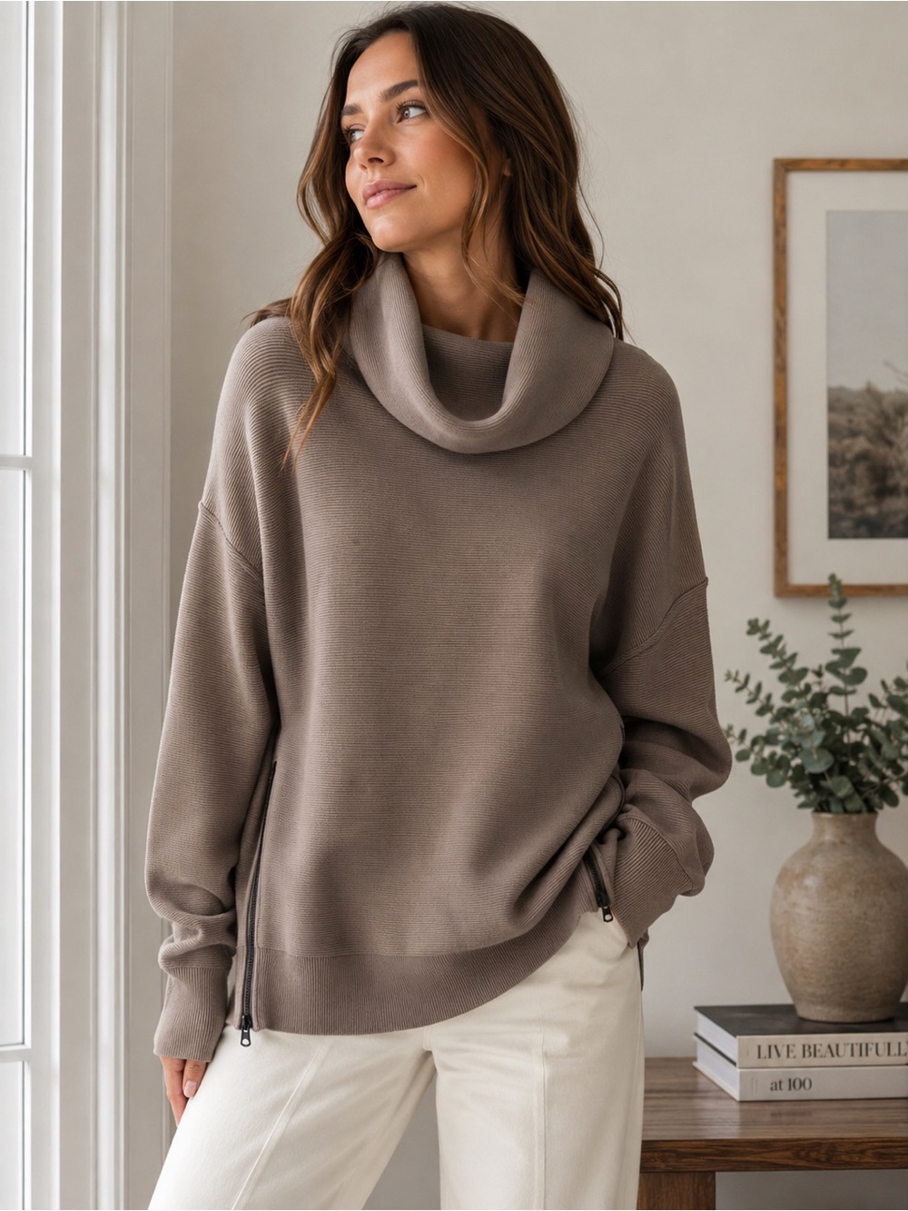 Varley Taupe Cowl Neck Pullover Sweater